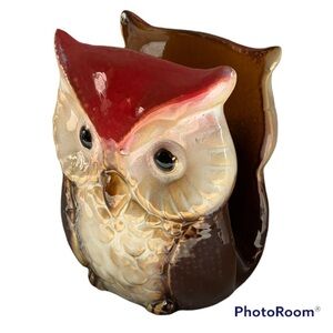 Owl Napkin Holder Hand Painted Glazed Ceramic Rustic Fall Autumn Colors